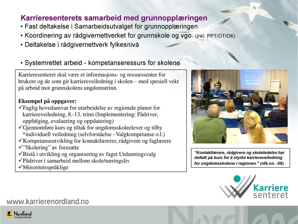 karriereveiledning i skolen med spesiell vekt på arbeid mot grunnskolens ungdomstrinn. Eksempel på oppgaver: Faglig hovedansvar for utarbeidelse av regionale planer for karriereveiledning, 8.-13.