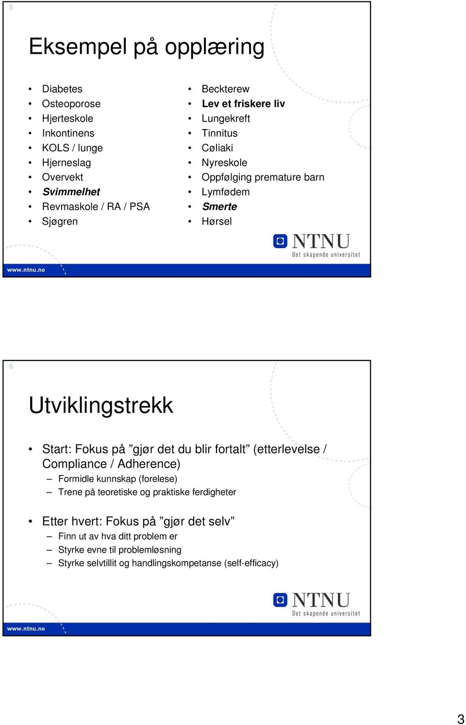 på gjør det du blir fortalt (etterlevelse / Compliance / Adherence) Formidle kunnskap (forelese) Trene på teoretiske og praktiske ferdigheter Etter