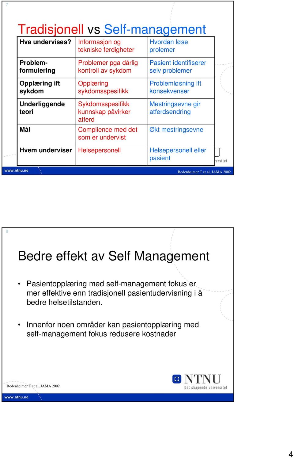 sykdomsspesifikk Sykdomsspesifikk kunnskap påvirker atferd Complience med det som er undervist Helsepersonell Pasient identifiserer selv problemer Problemløsning ift konsekvenser Mestringsevne gir