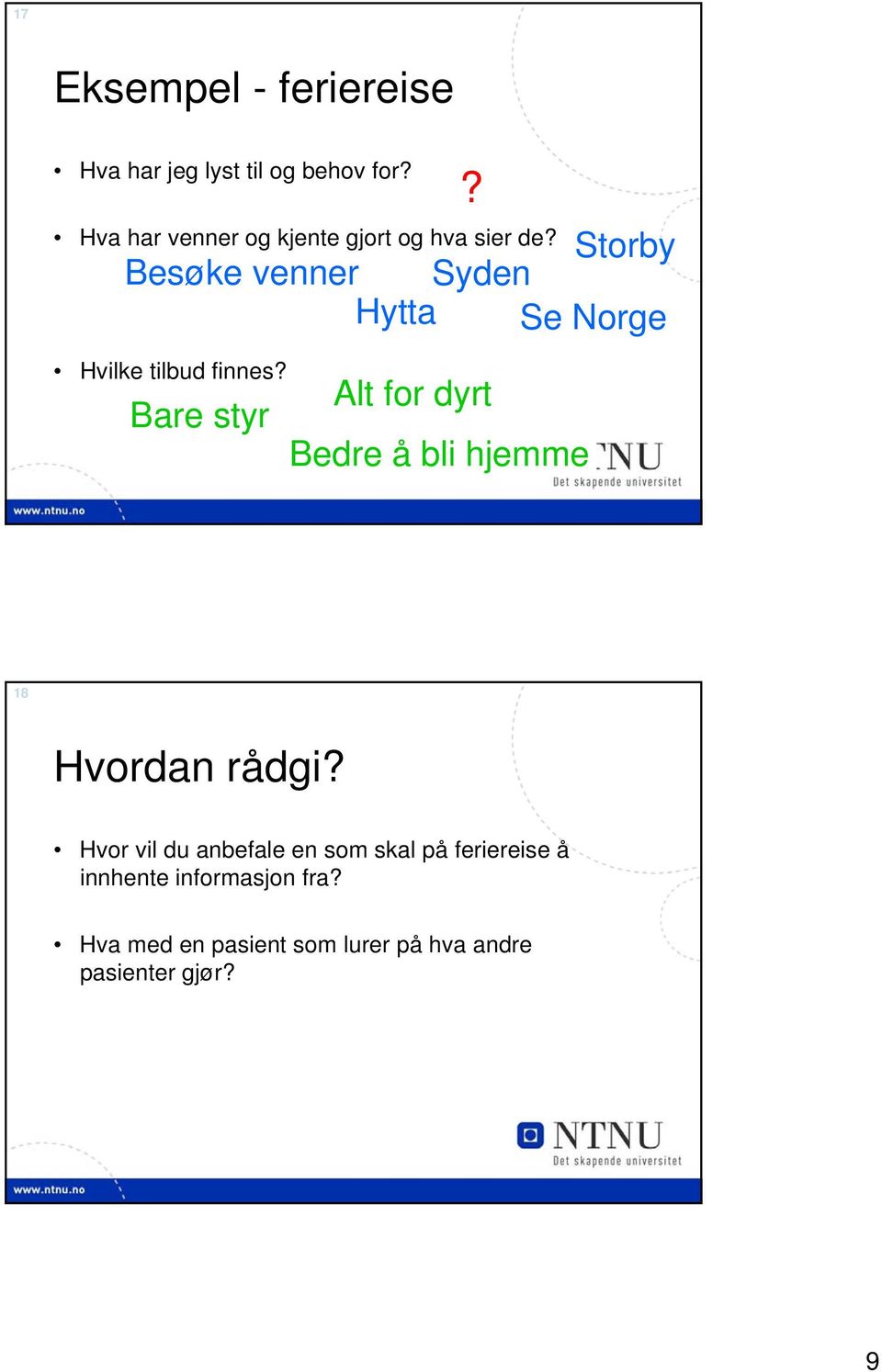 Hvilke tilbud finnes? Bare styr? Alt for dyrt Bedre å bli hjemme 18 Hvordan rådgi?