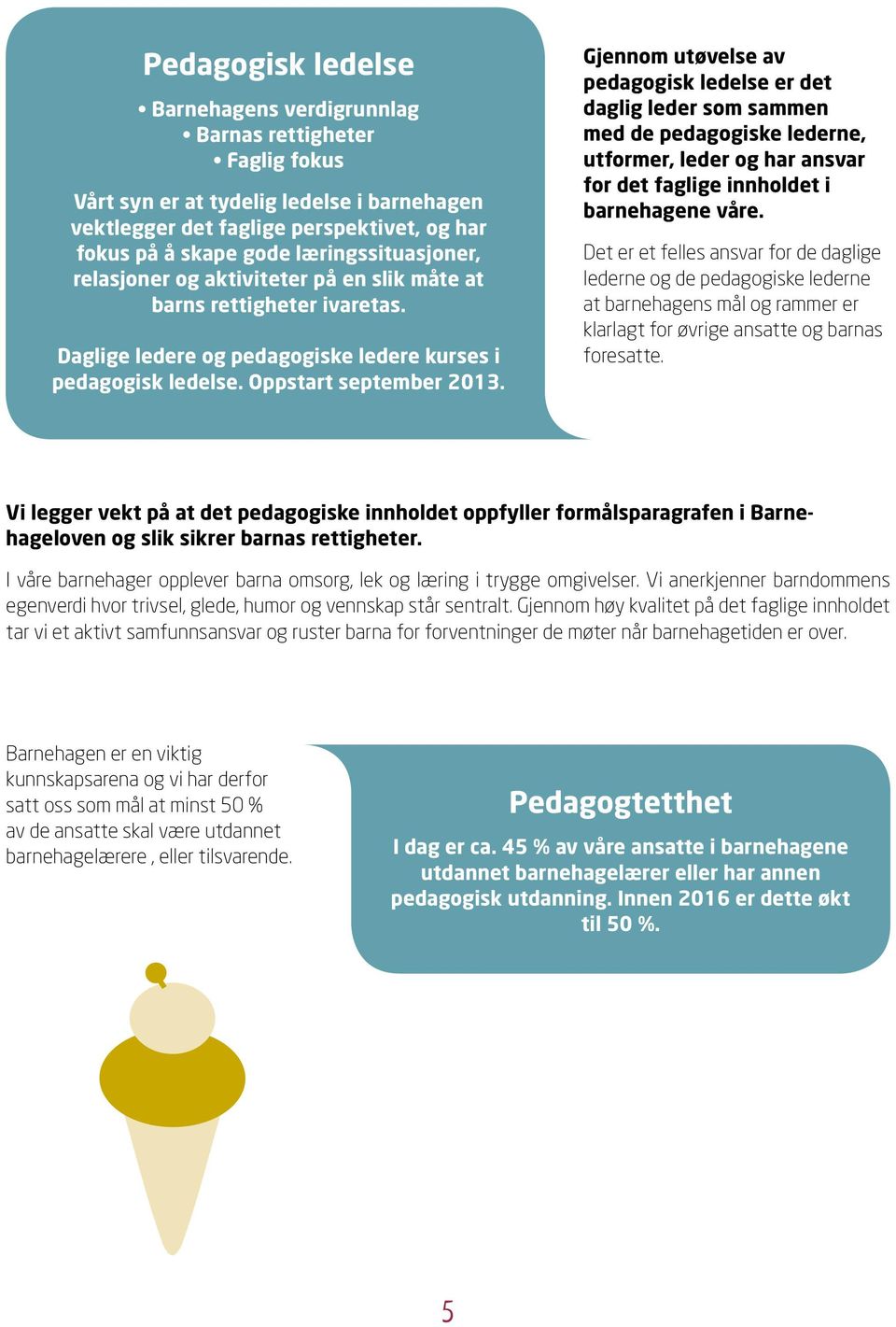 Gjennom utøvelse av pedagogisk ledelse er det daglig leder som sammen med de pedagogiske lederne, utformer, leder og har ansvar for det faglige innholdet i barnehagene våre.