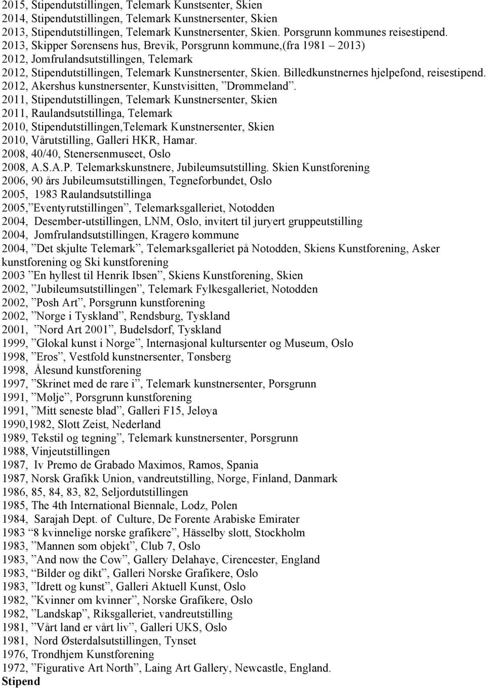 2013, Skipper Sørensens hus, Brevik, Porsgrunn kommune,(fra 1981 2013) 2012, Jomfrulandsutstillingen, Telemark 2012, Stipendutstillingen, Telemark Kunstnersenter, Skien.