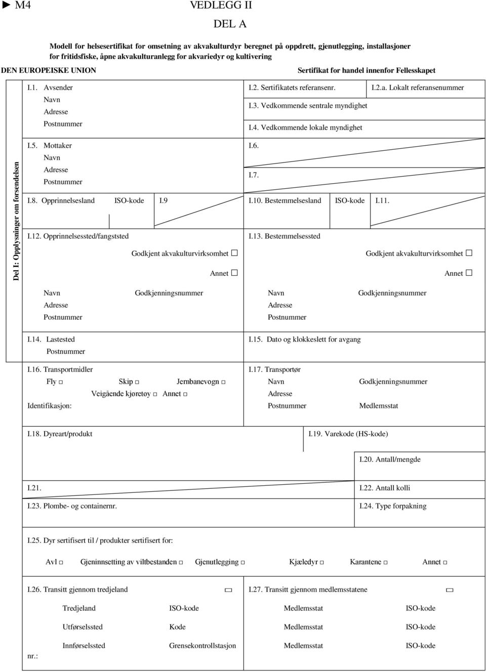 5. Mottaker I.6. Postnummer I.7. I.8. Opprinnelsesland ISO-kode I.9 I.10. Bestemmelsesland ISO-kode I.11. I.12. Opprinnelsessted/fangststed I.13.