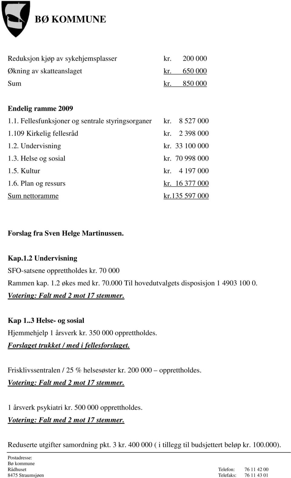 135 597 000 Forslag fra Sven Helge Martinussen. Kap.1.2 Undervisning SFO-satsene opprettholdes kr. 70 000 Rammen kap. 1.2 økes med kr. 70.000 Til hovedutvalgets disposisjon 1 4903 100 0.