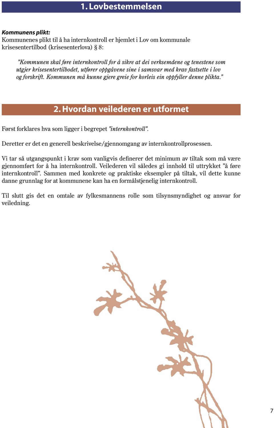 2. Hvordan veilederen er utformet Først forklares hva som ligger i begrepet internkontroll. Deretter er det en generell beskrivelse/gjennomgang av internkontrollprosessen.