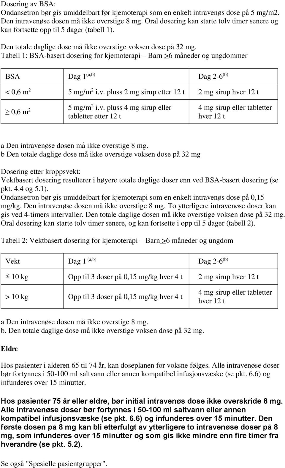 Tabell 1: BSA-basert dosering for kjemoterapi Barn >6 måneder og ungdommer BSA Dag 1 (a,b) Dag 2-6 (b) < 0,6 m 2 5 mg/m 2 i.v.