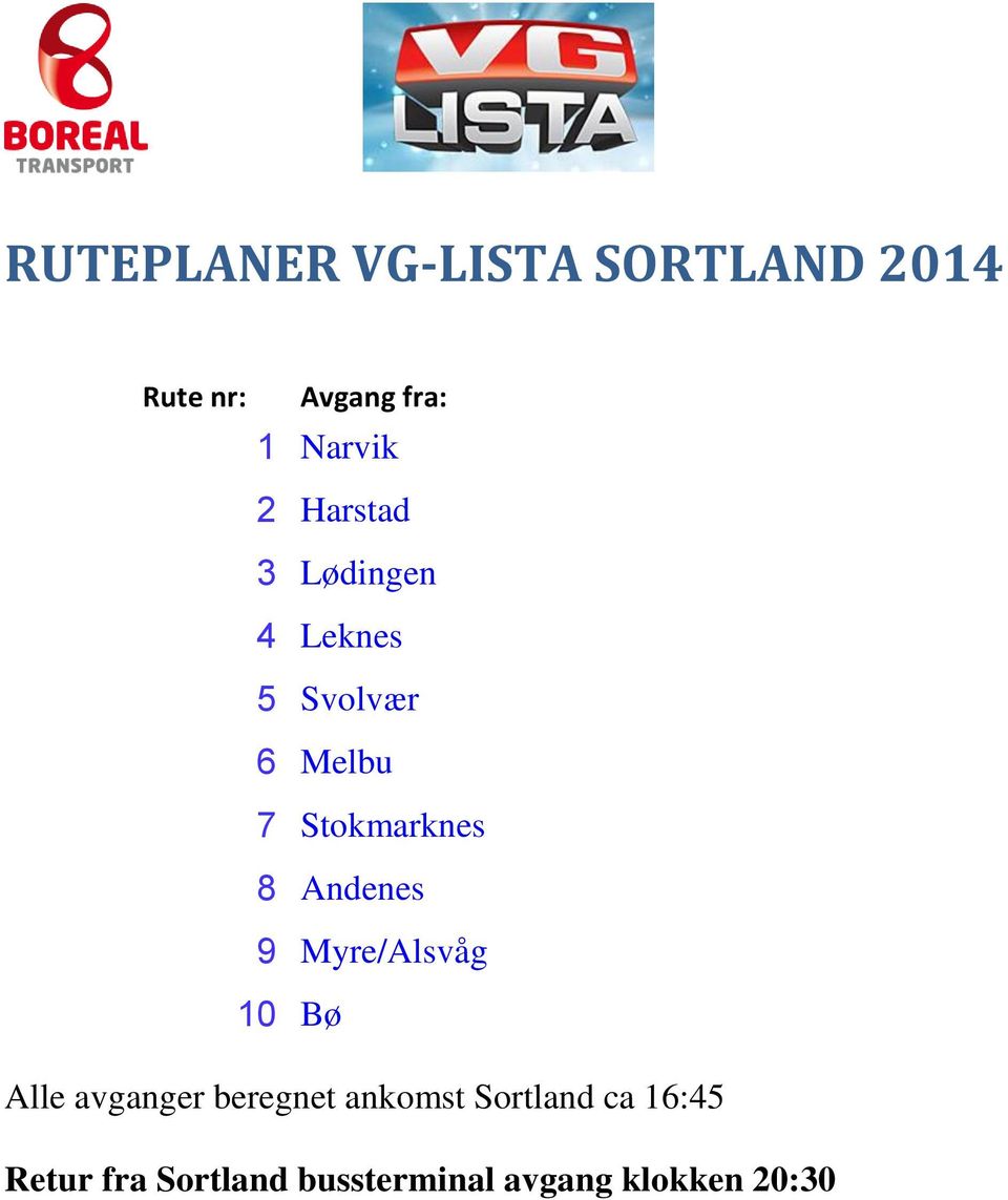 9 Myre/Alsvåg 10 Bø Alle avganger beregnet ankomst Sortland