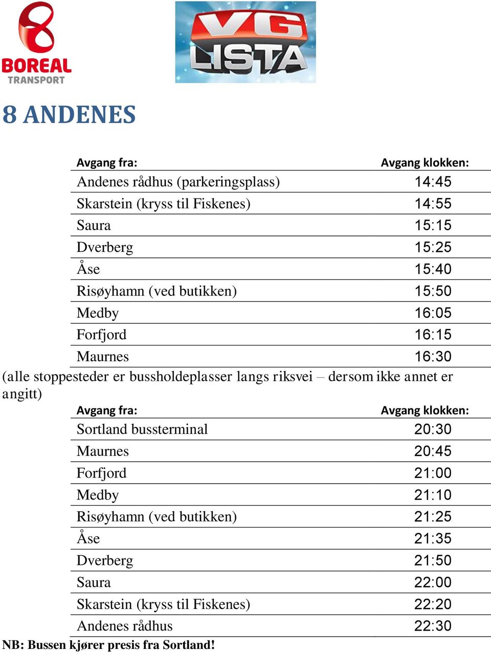 16:15 Maurnes 16:30 Maurnes 20:45 Forfjord 21:00 Medby 21:10 Risøyhamn (ved butikken)