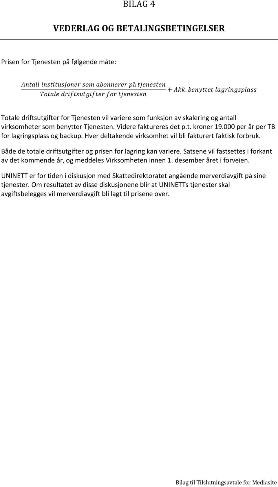 Både de totale driftsutgifter og prisen for lagring kan variere. Satsene vil fastsettes i forkant av det kommende år, og meddeles Virksomheten innen 1. desember året i forveien.