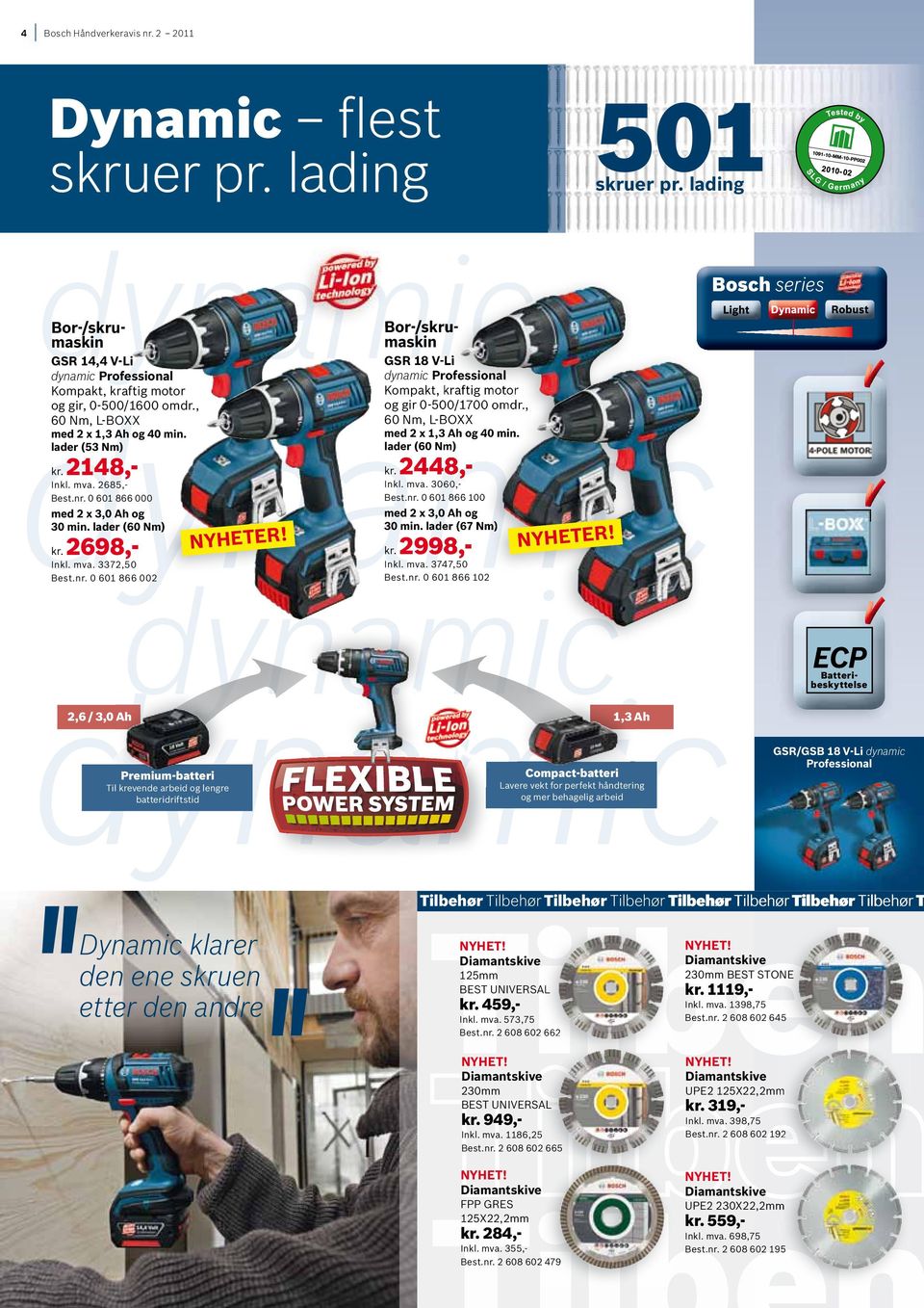 2698,- dynamic Bor-/skrumaskin GSR 18 V-Li dynamic Kompakt, kraftig motor og gir 0-500/1700 omdr., 60 Nm, L-BOXX med 2 x 1,3 Ah og 40 min. lader (60 Nm) kr. 2448,- Inkl. mva. 3060,- Best.nr.