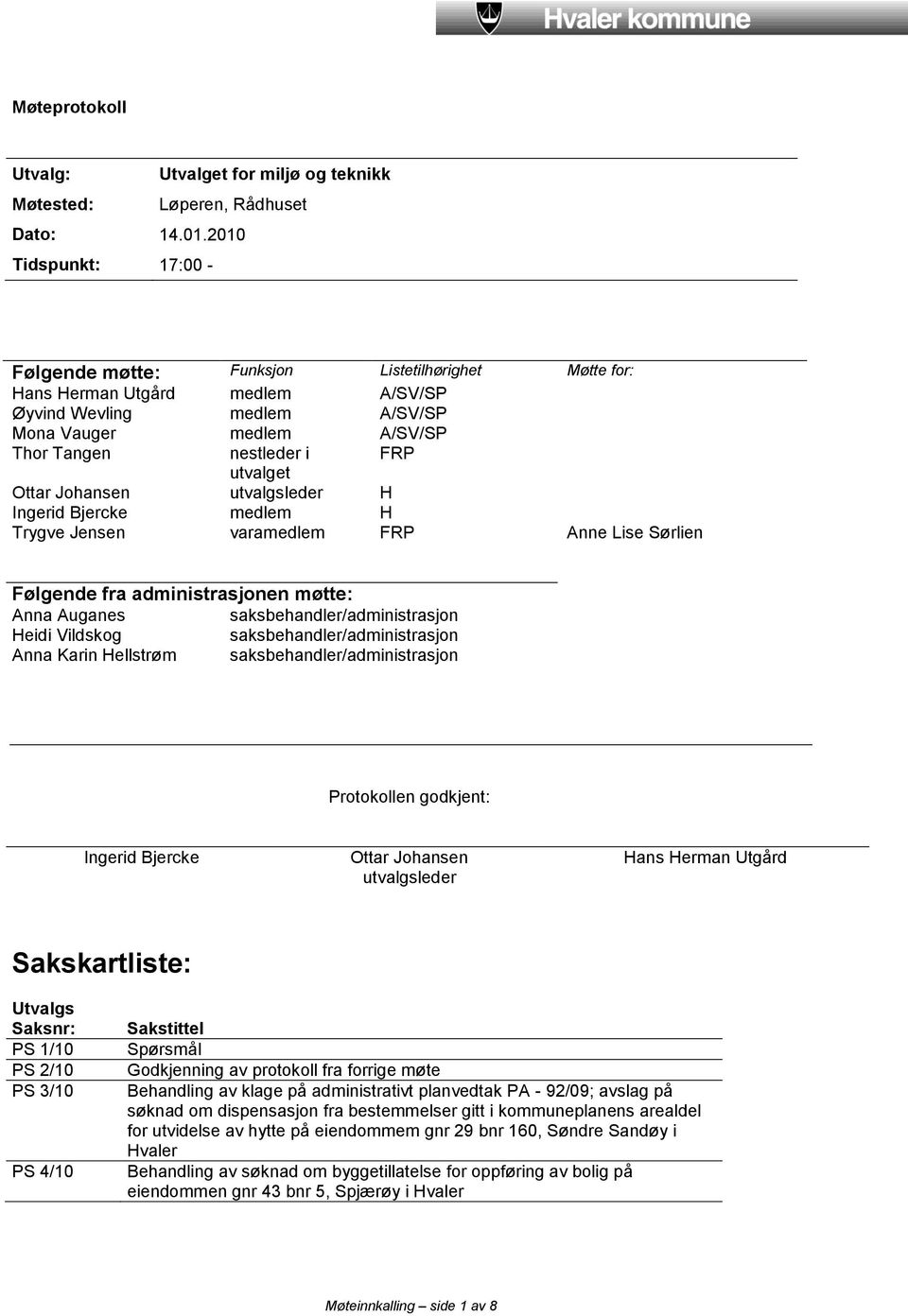 utvalget Ottar Johansen utvalgsleder H Ingerid Bjercke medlem H Trygve Jensen varamedlem FRP Anne Lise Sørlien Følgende fra administrasjonen møtte: Anna Auganes saksbehandler/administrasjon Heidi