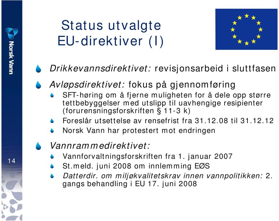 utsettelse av rensefrist fra 31.12.08 til 31.12.12 Norsk Vann har protestert mot endringen 14 Vannrammedirektivet: Vannforvaltningsforskriften fra 1.