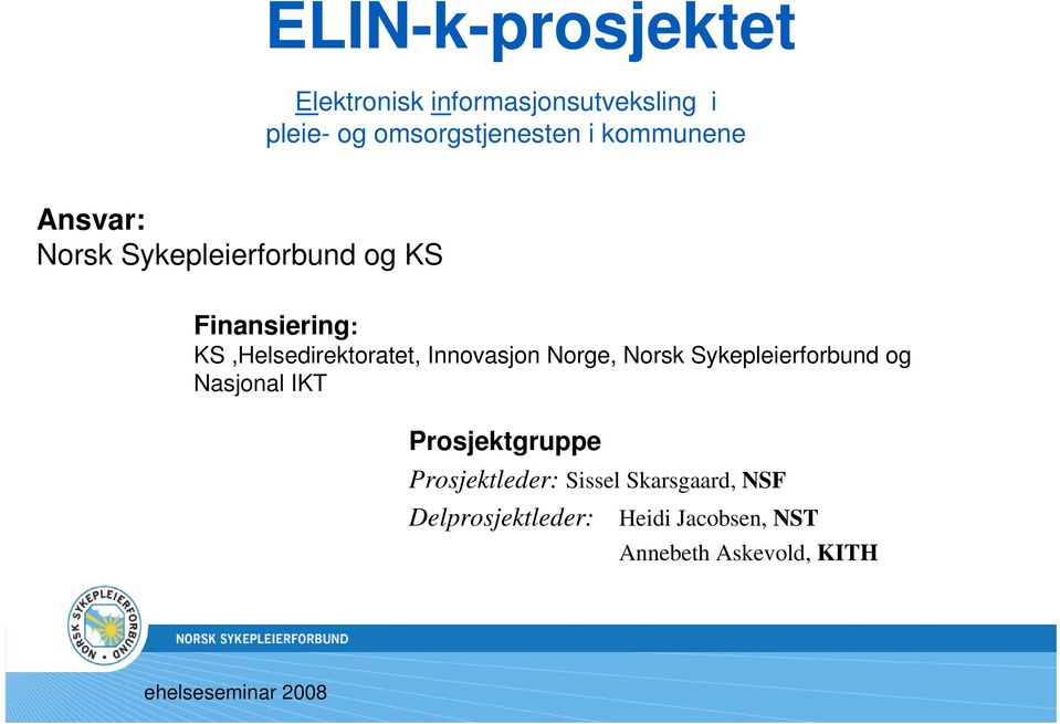 Innovasjon Norge, Norsk Sykepleierforbund og Nasjonal IKT Prosjektgruppe Prosjektleder:
