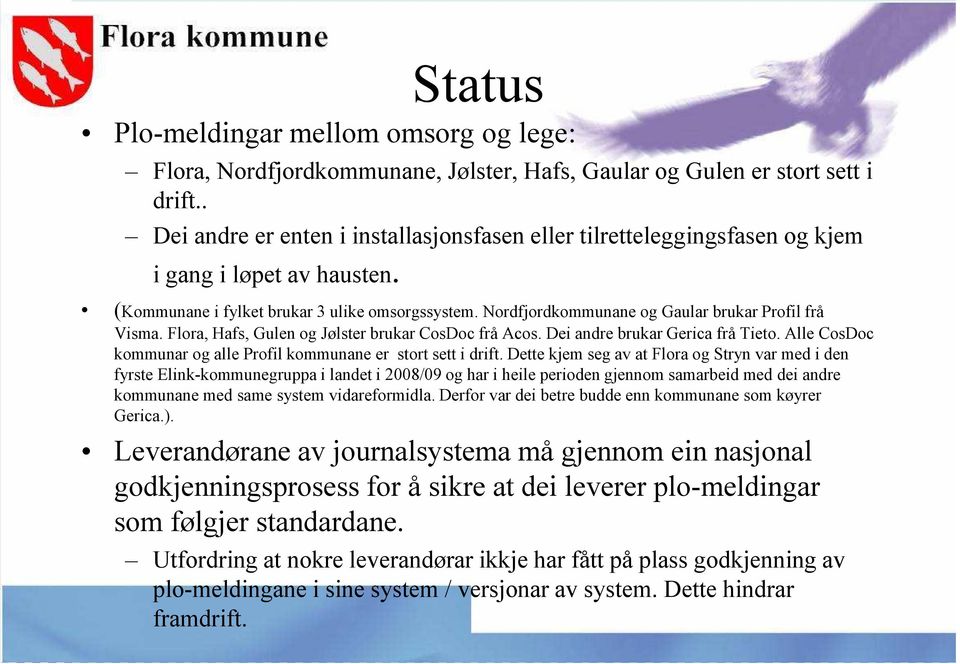 Nordfjordkommunane og Gaular brukar Profil frå Visma. Tredje Flora, Hafs, nivå Gulen og Jølster brukar CosDoc frå Acos. Dei andre brukar Gerica frå Tieto.