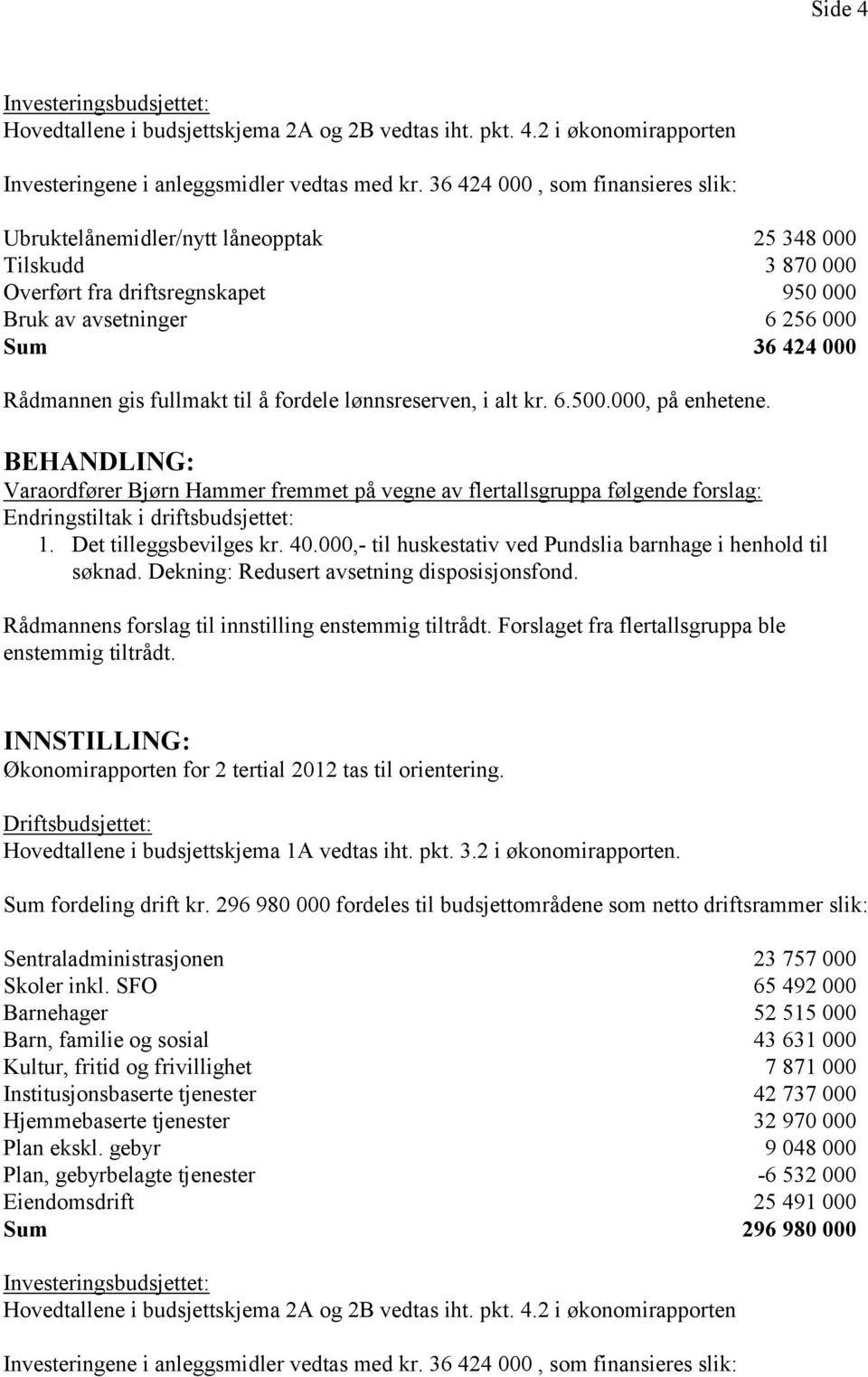 fullmakt til å fordele lønnsreserven, i alt kr. 6.500.000, på enhetene. Varaordfører Bjørn Hammer fremmet på vegne av flertallsgruppa følgende forslag: Endringstiltak i driftsbudsjettet: 1.