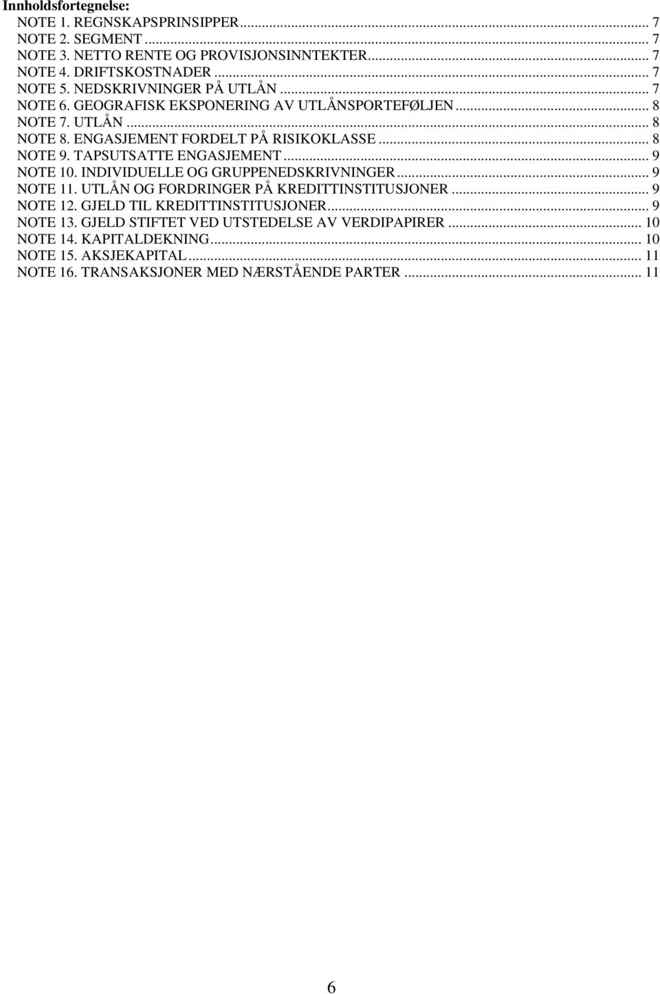 TAPSUTSATTE ENGASJEMENT... 9 NOTE 10. INDIVIDUELLE OG GRUPPENEDSKRIVNINGER... 9 NOTE 11. UTLÅN OG FORDRINGER PÅ KREDITTINSTITUSJONER... 9 NOTE 12.