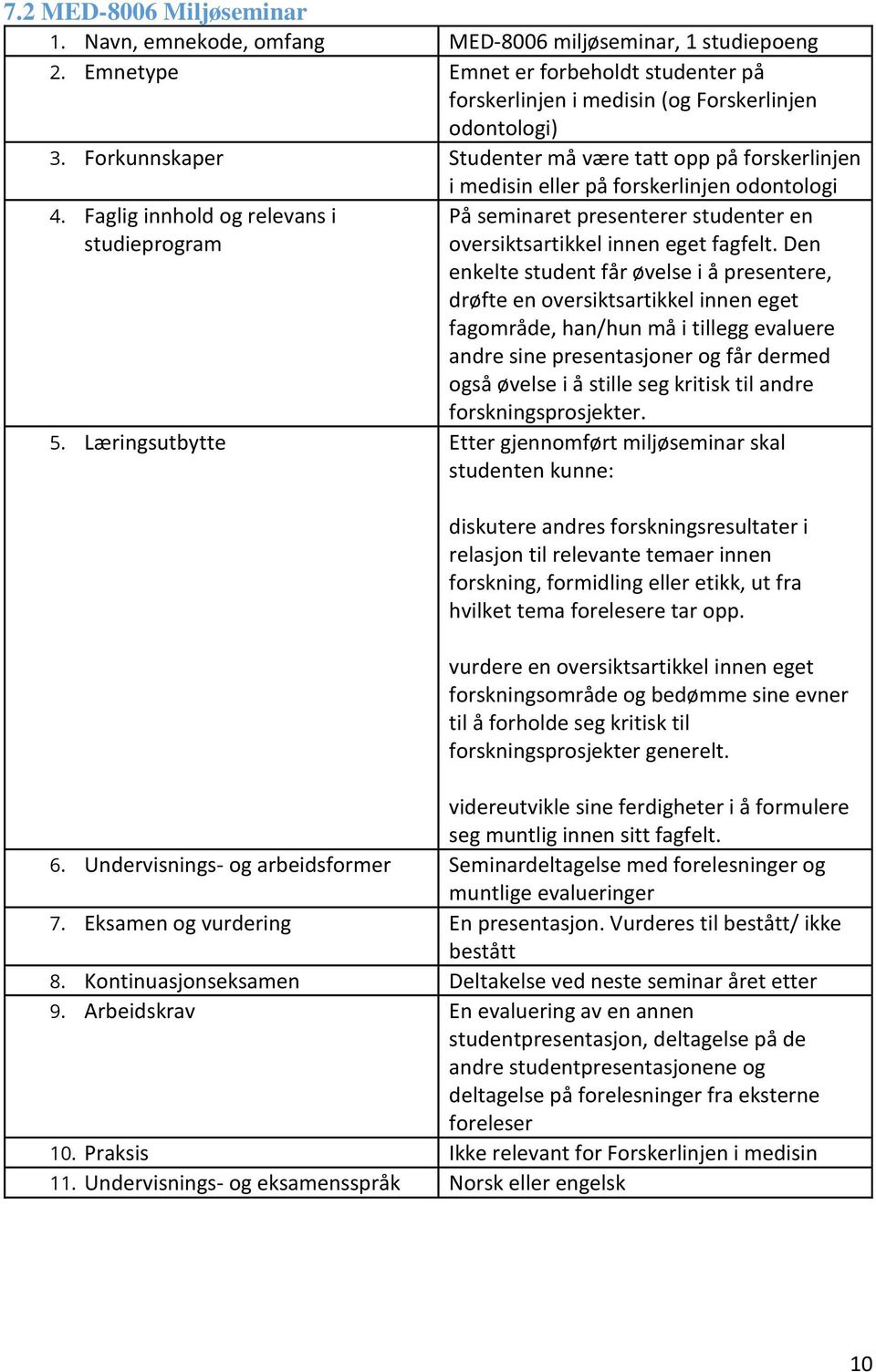 Faglig innhold og relevans i studieprogram På seminaret presenterer studenter en oversiktsartikkel innen eget fagfelt.