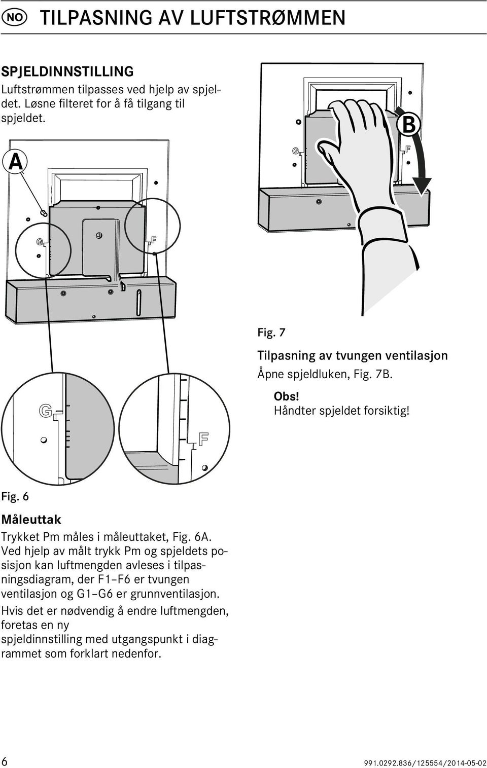 Ved hjelp av målt trykk Pm og spjeldets posisjon kan luftmengden avleses i tilpasningsdiagram, der F1 F6 er tvungen ventilasjon og G1 G6 er