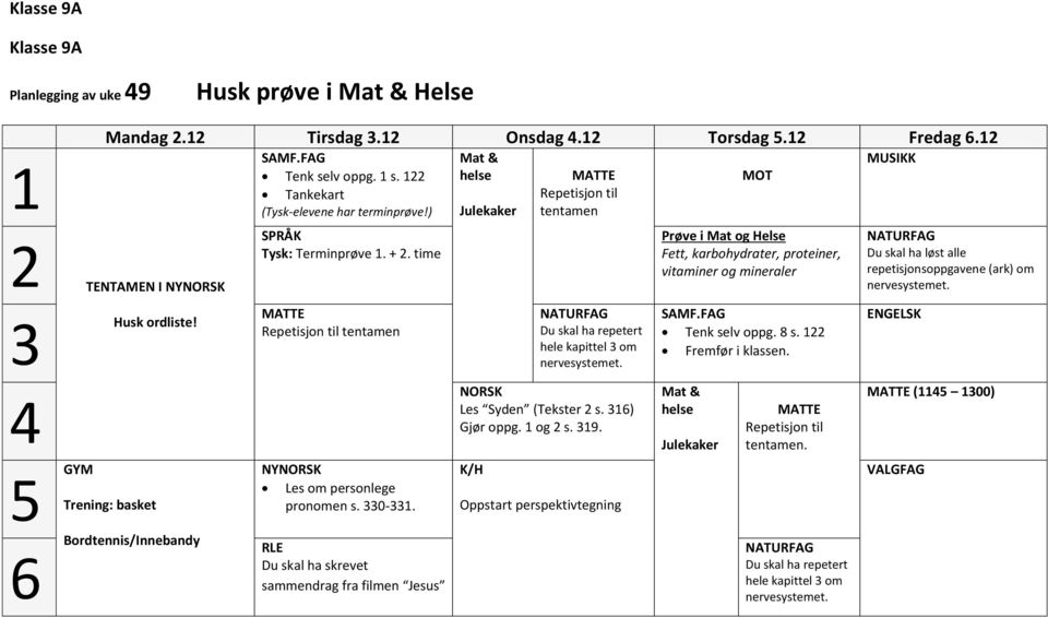 1 Fremfør i klassen. MUSIKK Du skal ha løst alle repetisjonsoppgavene (ark) om ENGELSK NORSK Les Syden (Tekster s. 1) Gjør oppg. 1 og s. 19. Mat & helse Repetisjon til tentamen.