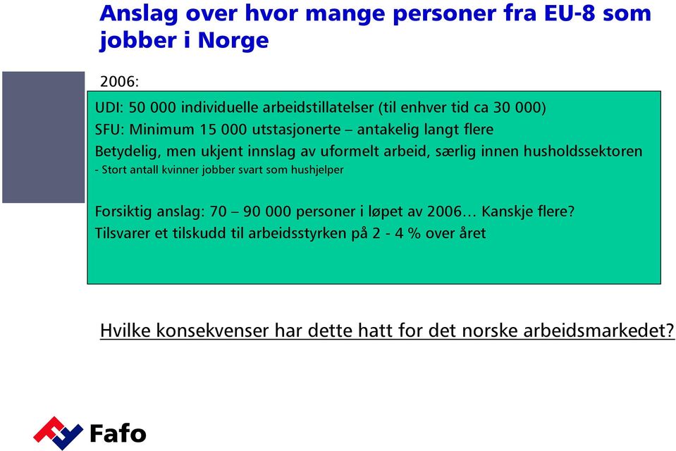 husholdssektoren - Stort antall kvinner jobber svart som hushjelper Forsiktig anslag: 70 90 000 personer i løpet av 2006 Kanskje