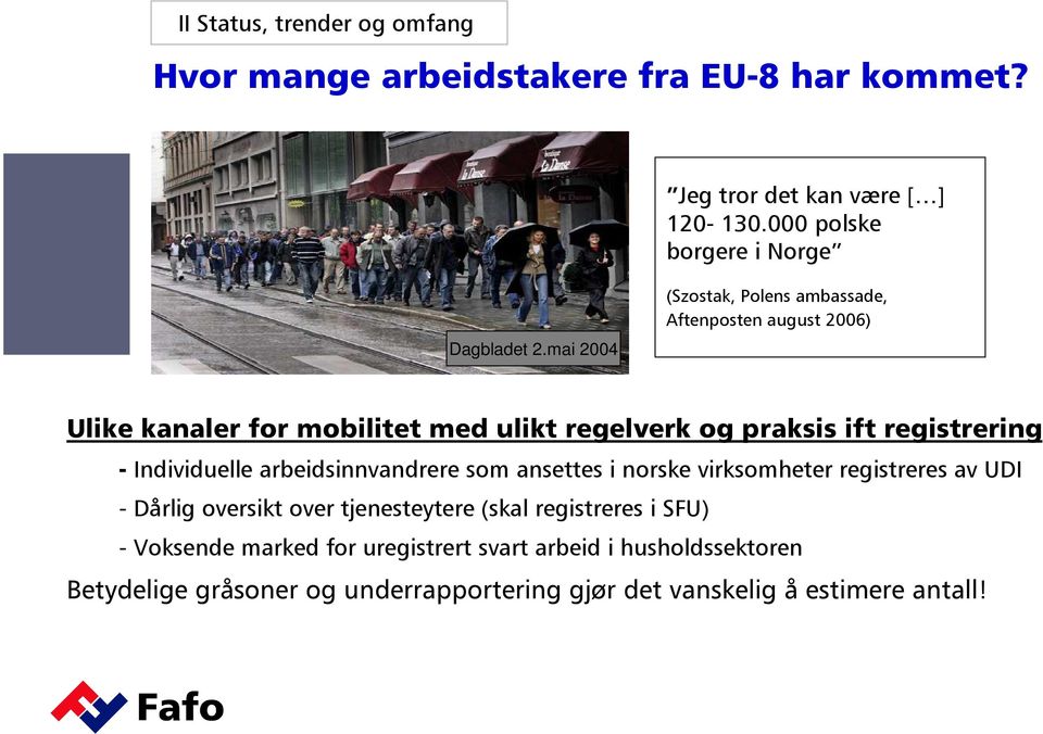 mai 2004 (Szostak, Polens ambassade, Aftenposten august 2006) Ulike kanaler for mobilitet med ulikt regelverk og praksis ift registrering -