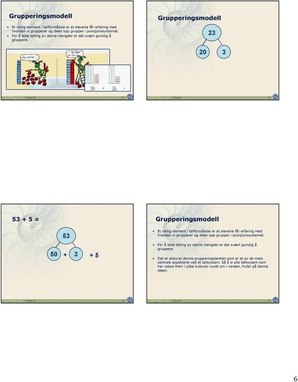 Grupperingsmodell 23 20 3 15-Sep-09 21 15-Sep-09 22 53 + 5 = 53 50 + 3 + 5   Det er akkurat denne grupperingstanken som er et av de mest sentrale aspektene ved et tallsystem.
