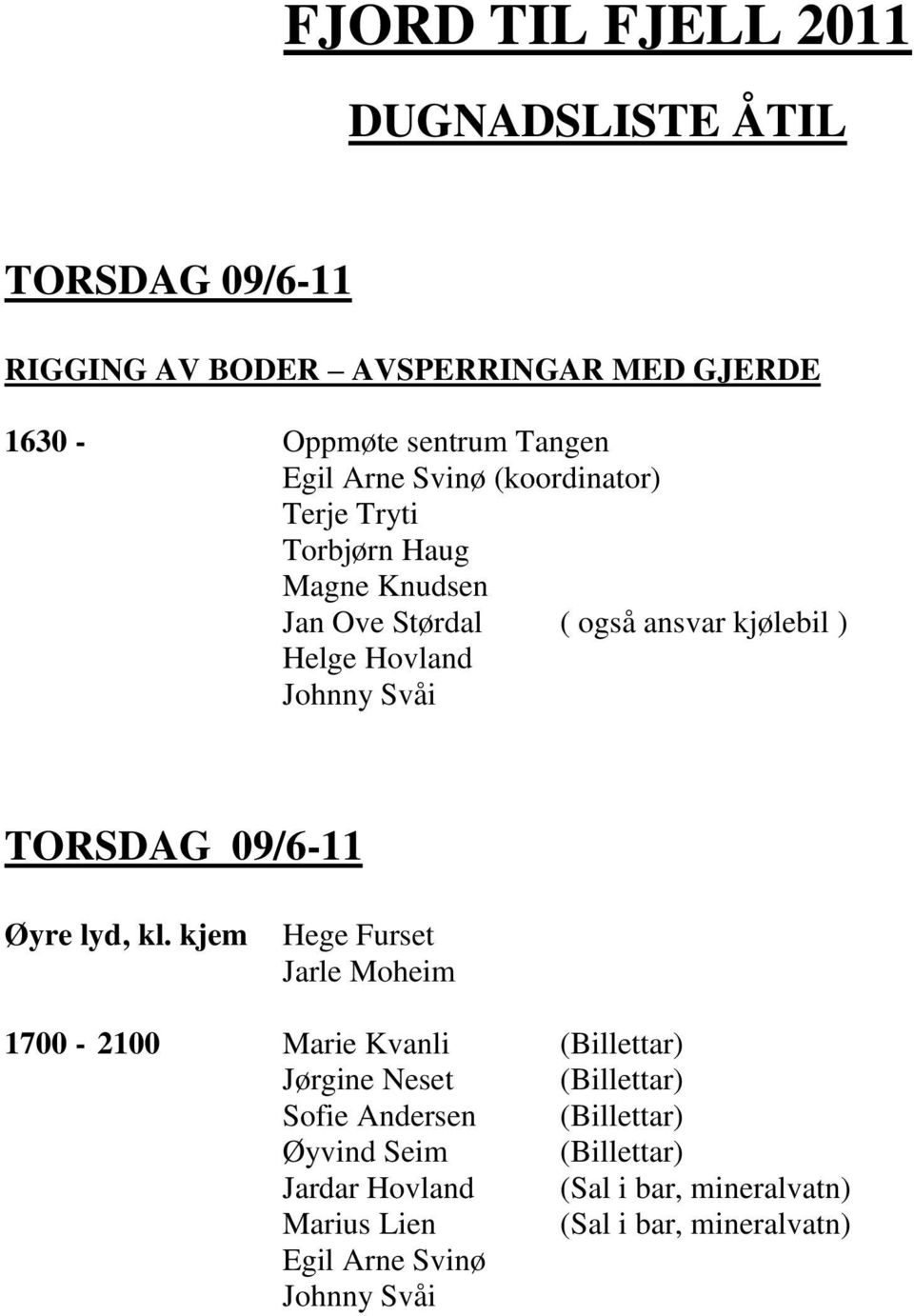 kjølebil ) Helge Hovland TORSDAG 09/6-11 Øyre lyd, kl.