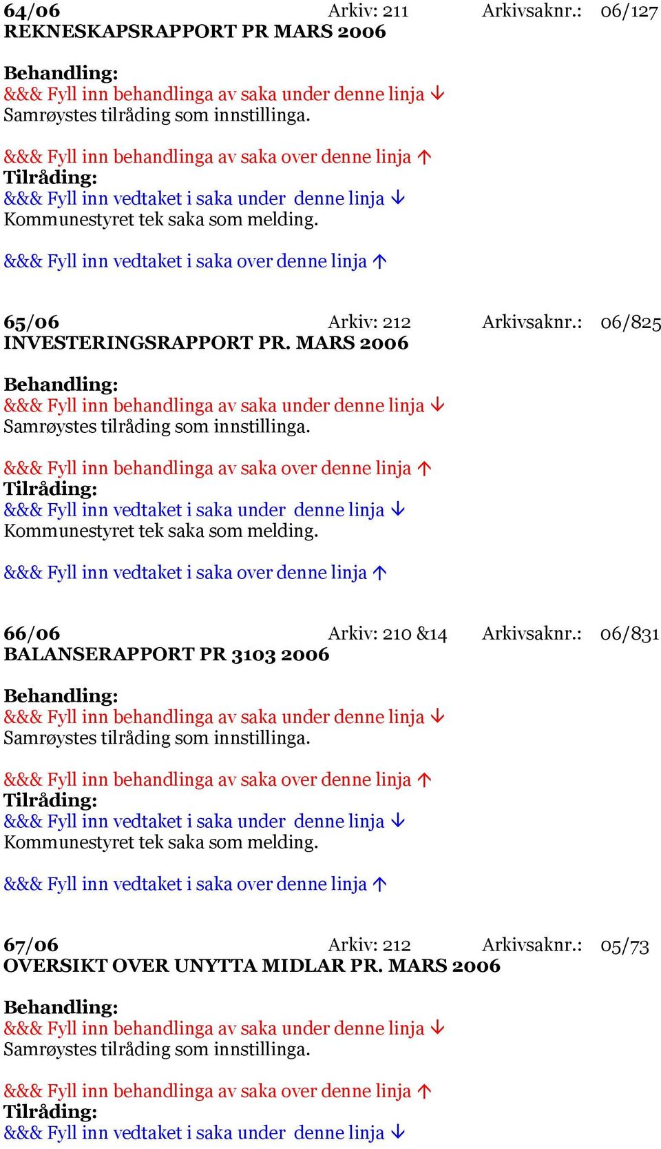 MARS 2006 Samrøystes tilråding som innstillinga. Tilråding: Kommunestyret tek saka som melding. 66/06 Arkiv: 210 &14 Arkivsaknr.