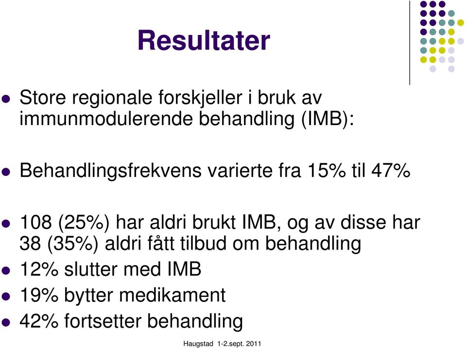 (25%) har aldri brukt IMB, og av disse har 38 (35%) aldri fått tilbud