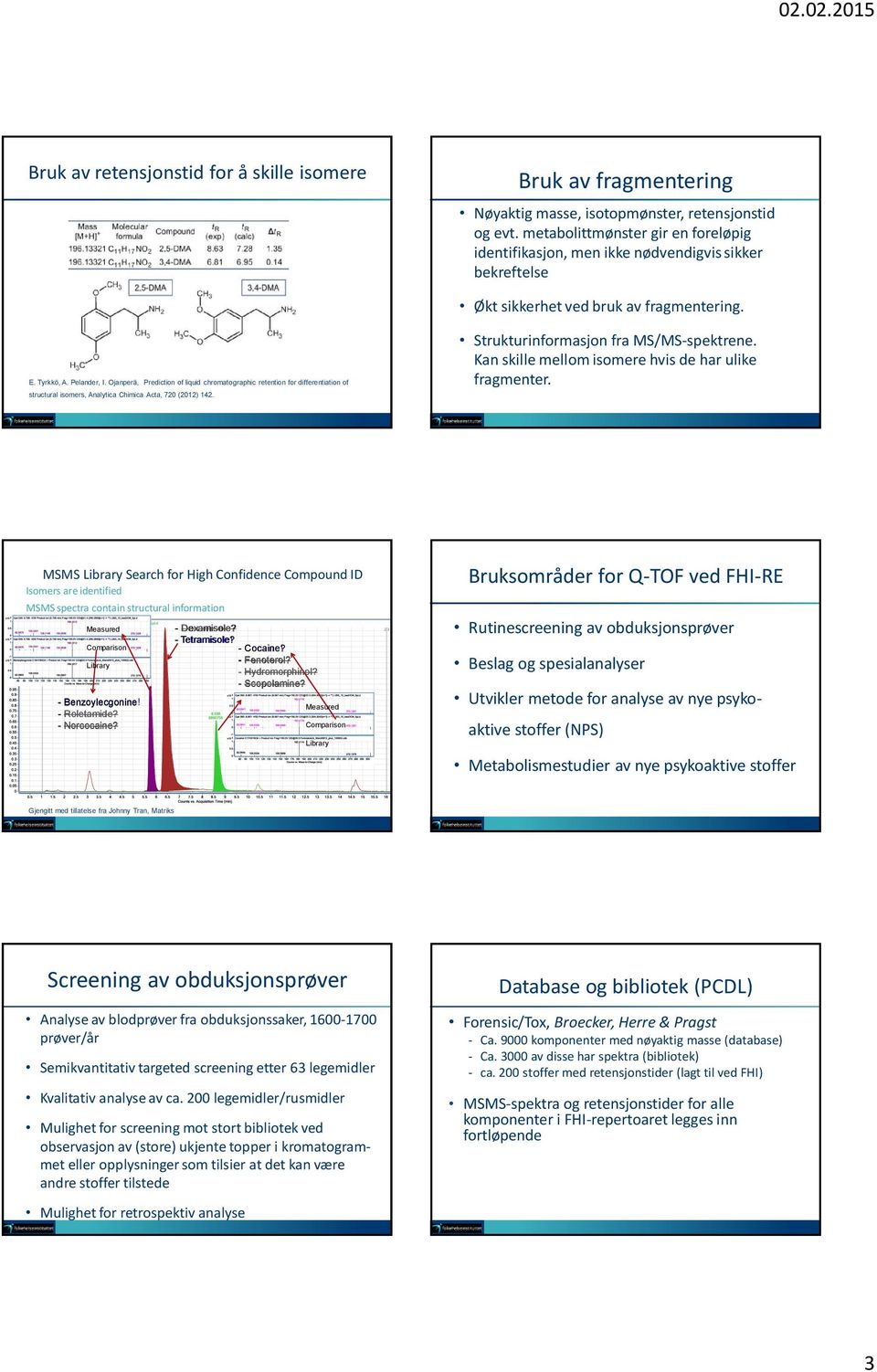 Ojanperä, Prediction of liquid chromatographic retention for differentiation of structural isomers, Analytica Chimica Acta, 720 (2012) 142. Strukturinformasjon fra MS/MS-spektrene.