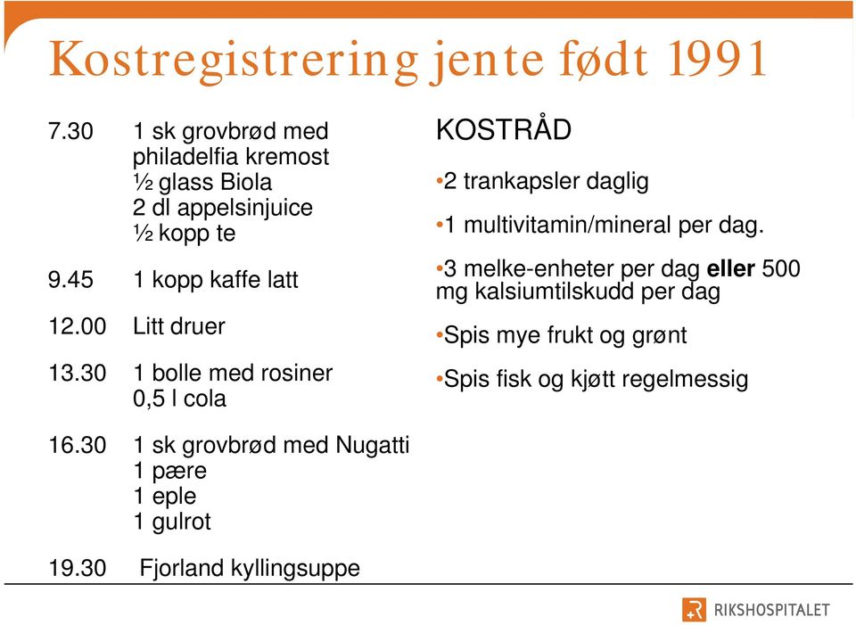 00 Litt druer 13.30 1 bolle med rosiner 0,5 l cola KOSTRÅD 2 trankapsler daglig 1 multivitamin/mineral per dag.