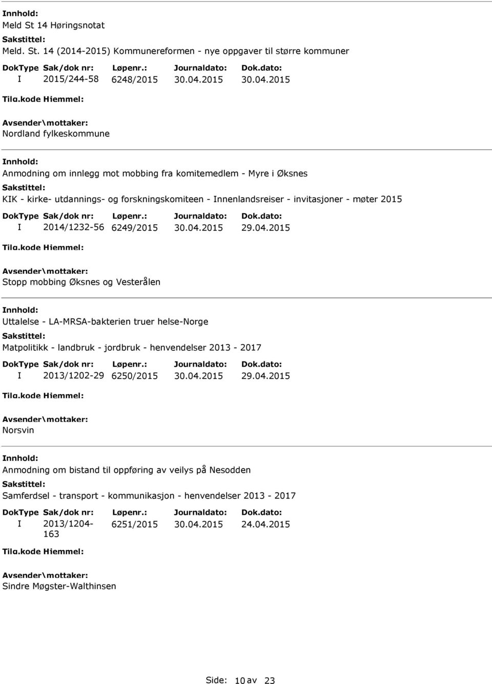 14 (2014-2015) Kommunereformen - nye oppgaver til større kommuner 2015/244-58 6248/2015 Nordland fylkeskommune Anmodning om innlegg mot mobbing fra komitemedlem - Myre i Øksnes