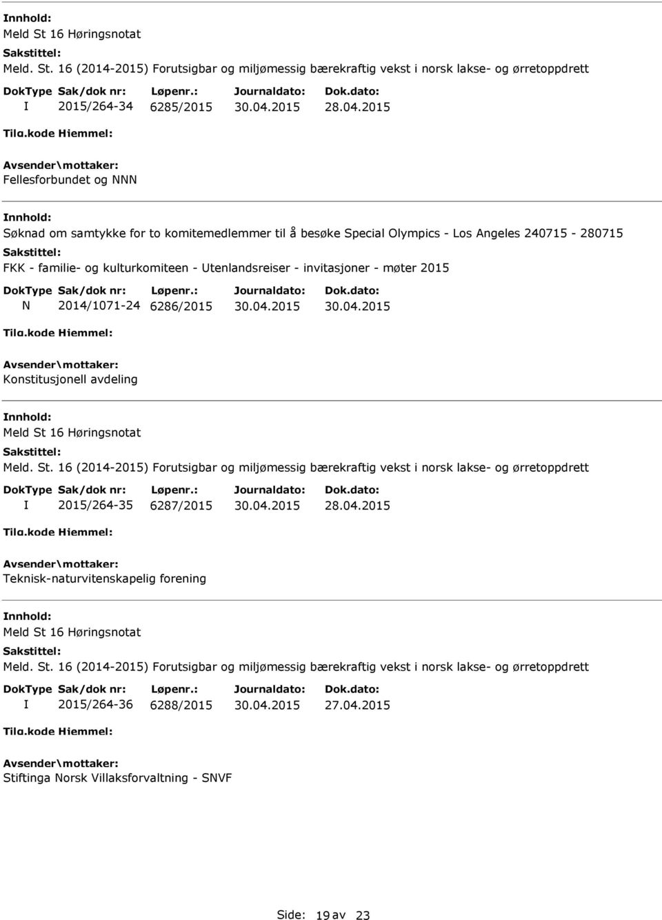 møter 2015 N 2014/1071-24 6286/2015 Konstitusjonell avdeling Meld St 16 Høringsnotat 2015/264-35 6287/2015