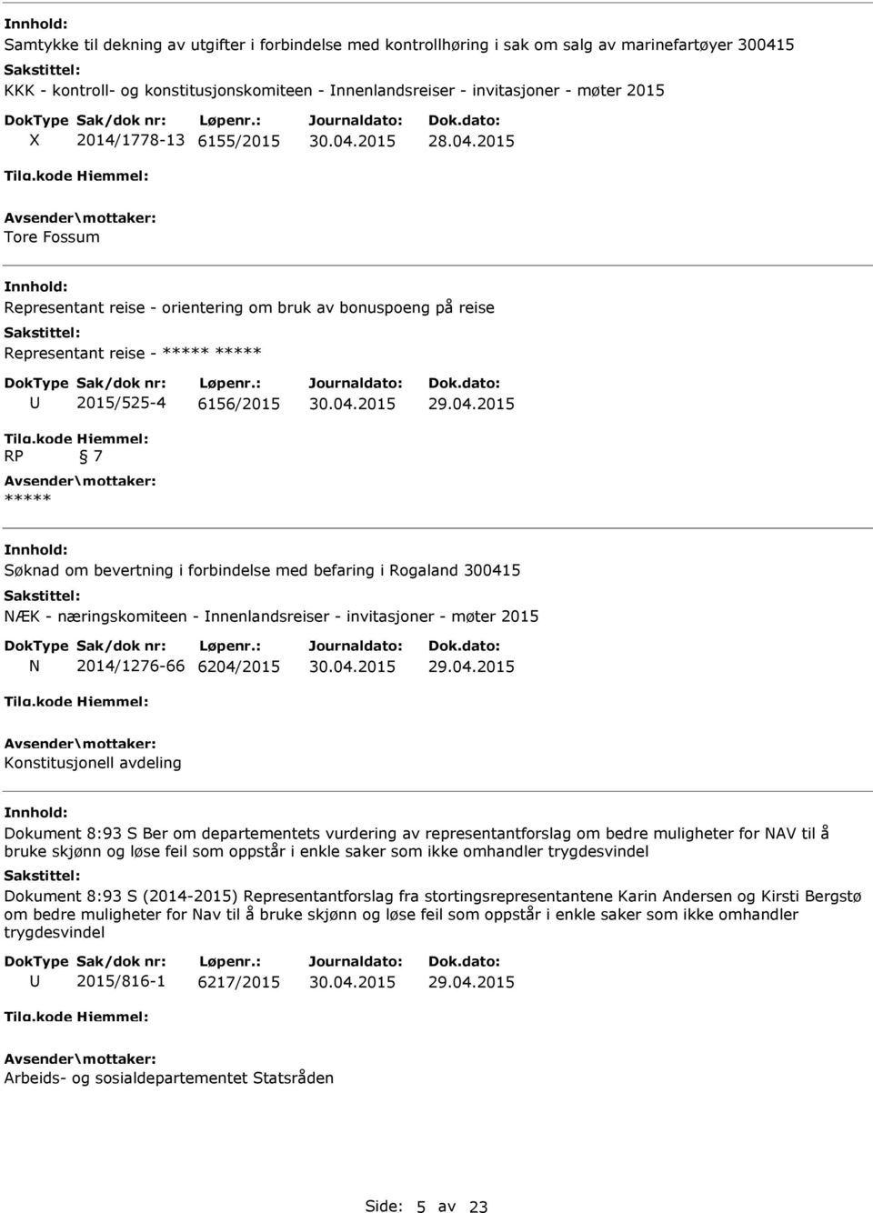 Rogaland 300415 NÆK - næringskomiteen - nnenlandsreiser - invitasjoner - møter 2015 N 2014/1276-66 6204/2015 Konstitusjonell avdeling Dokument 8:93 S Ber om departementets vurdering av