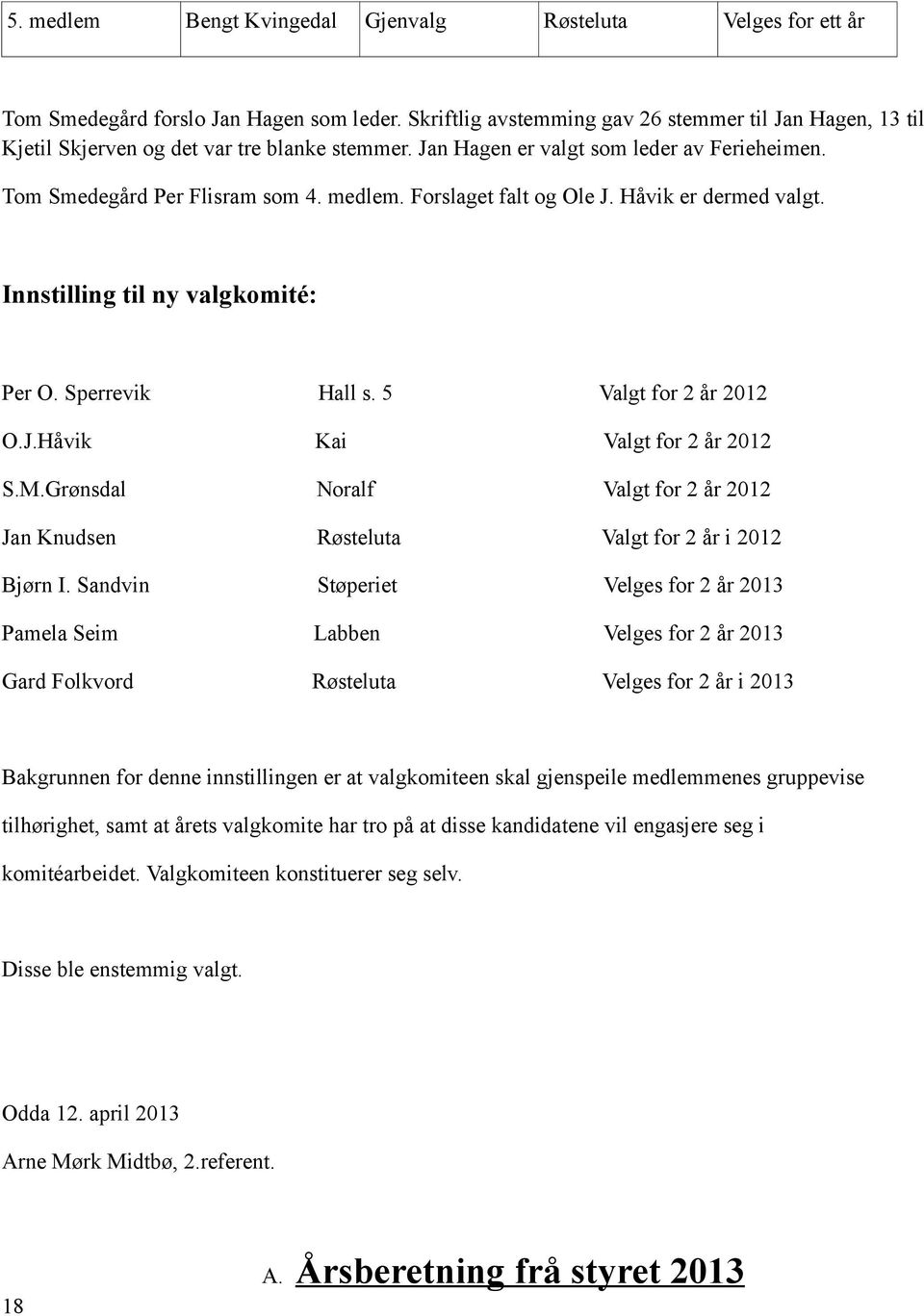 Forslaget falt og Ole J. Håvik er dermed valgt. Innstilling til ny valgkomité: Per O. Sperrevik Hall s. 5 Valgt for 2 år 2012 O.J.Håvik Kai Valgt for 2 år 2012 S.M.