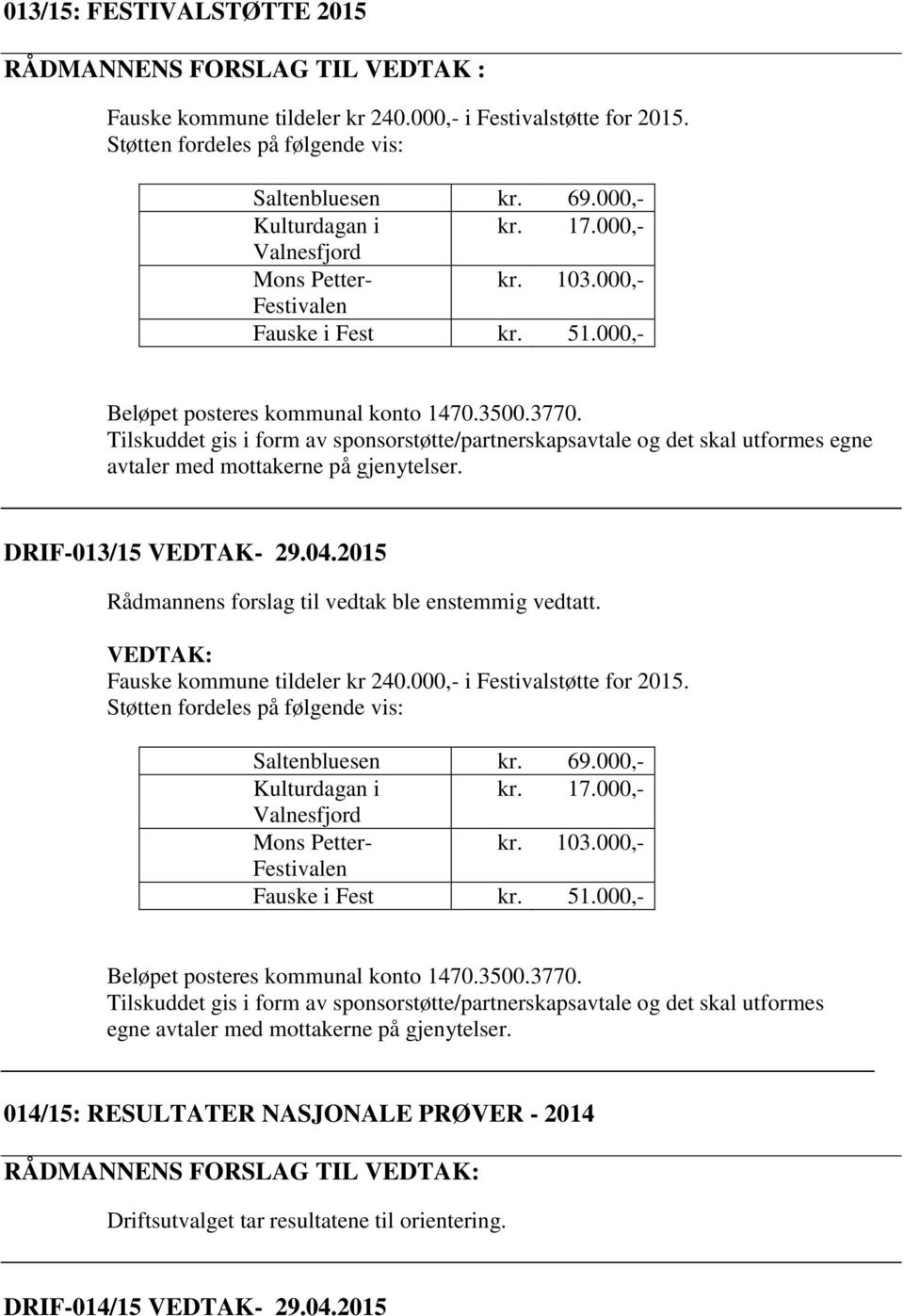 Tilskuddet gis i form av sponsorstøtte/partnerskapsavtale og det skal utformes egne avtaler med mottakerne på gjenytelser. DRIF-013/15 VEDTAK- 29.04.