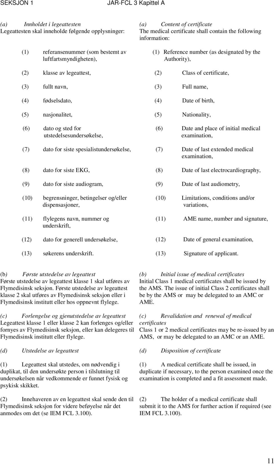 og/eller dispensasjoner, (11) flylegens navn, nummer og underskrift, (12) dato for generell undersøkelse, (13) søkerens underskrift.