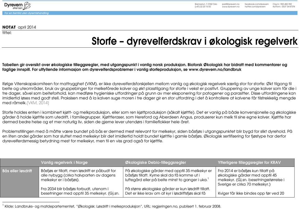 no/landbruk Ifølge Vitenskapskomiteen for mattrygghet (VKM), er ikke dyrevelferdsforskjellen mellom vanlig og økologisk regelverk særlig stor for storfe: Økt tilgang til beite og uteområder, bruk av