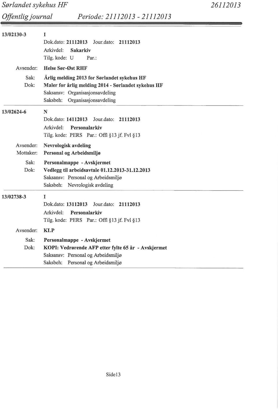 Organisasjonsavdeling Saksbeh: Organisasjonsavdeling 13/02624-6 N Dok.dato: 14112013 Jour.dato: 21112013 Ark.