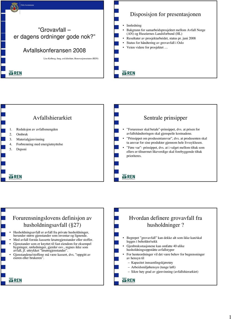 juni 2008 Status for håndtering av grovavfall i Oslo Veien videre for prosjektet Lise Kolberg, fung. avd.direktør, Renovasjonsetaten (REN) Avfallshierarkiet 1. Reduksjon av avfallsmengden 2. Ombruk 3.