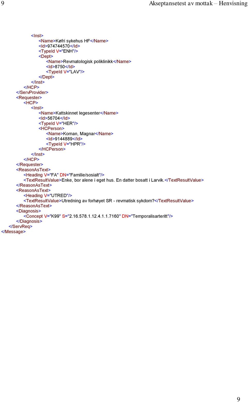 </HCPerson> </Inst> </HCP> </Requester> <ReasonAsText> <Heading V="FA" DN="Familie/sosialt"/> <TextResultValue>Enke, bor alene i eget hus. En datter bosatt i Larvik.
