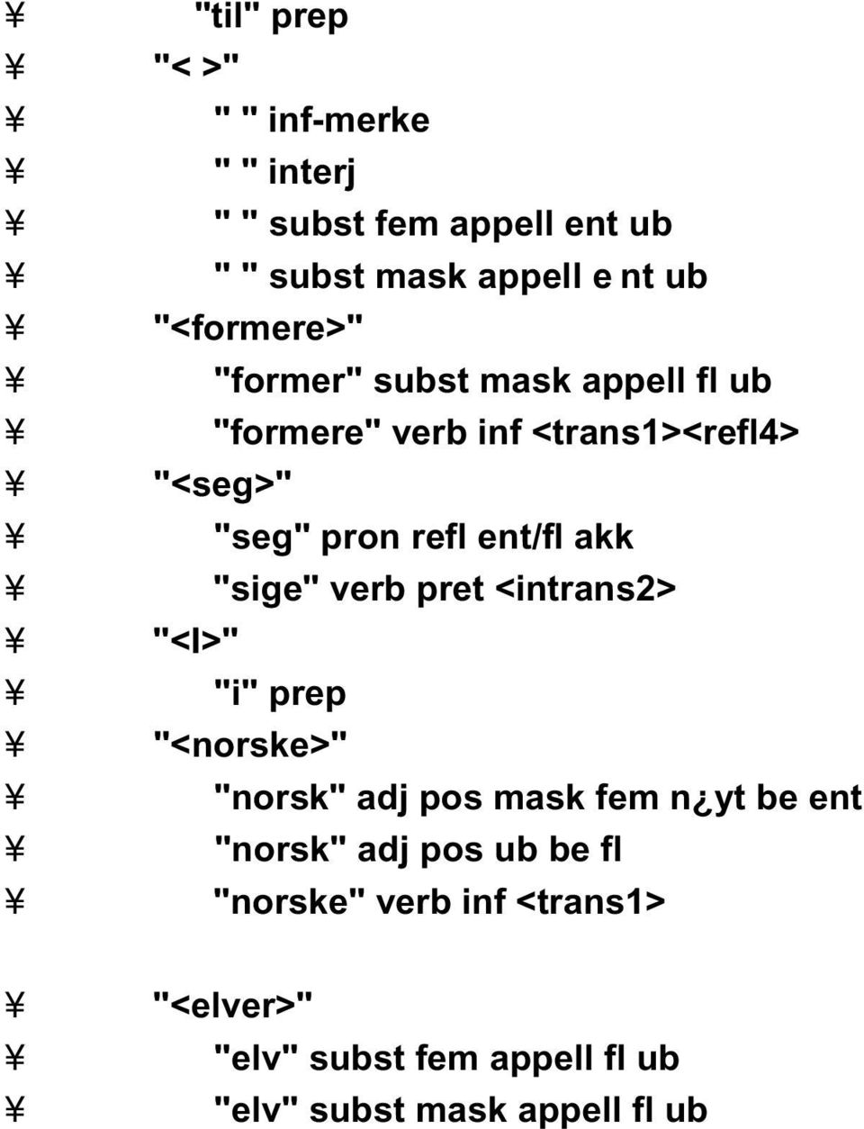 ent/fl akk "sige" verb pret <intrans2> "<I>" "i" prep "<norske>" "norsk" adj pos mask fem n yt be ent