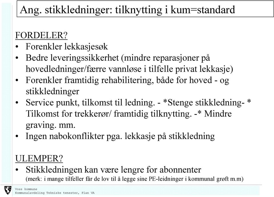 framtidig rehabilitering, både for hoved - og stikkledninger Service punkt, tilkomst til ledning.