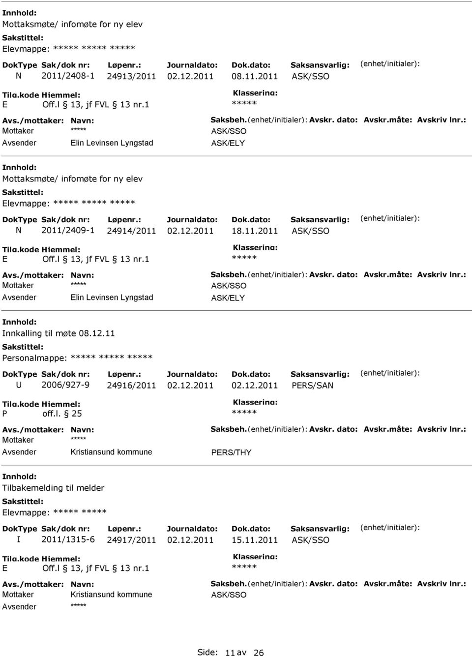 måte: Avskriv lnr.: Mottaker ASK/SSO lin Levinsen Lyngstad ASK/LY nnkalling til møte 08.12.11 Personalmappe: 2006/927-9 24916/2011 PRS/SAN P off.l. 25 Avs./mottaker: Navn: Saksbeh. Avskr. dato: Avskr.