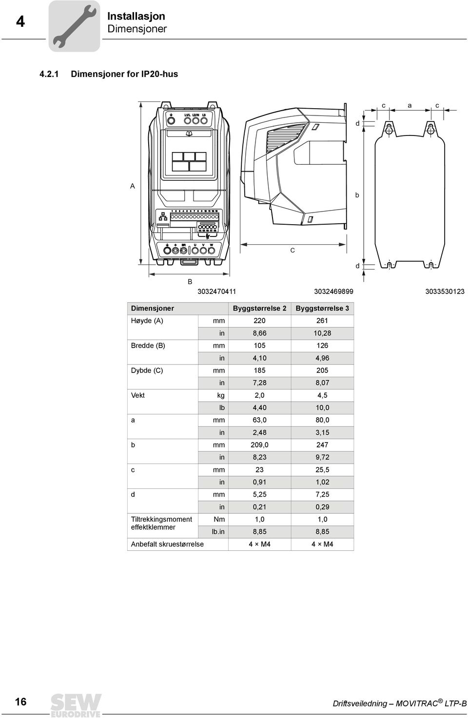 (A) mm 220 261 in 8,66 10,28 Bredde (B) mm 105 126 in 4,10 4,96 Dybde (C) mm 185 205 in 7,28 8,07 Vekt kg 2,0 4,5 lb 4,40 10,0 a