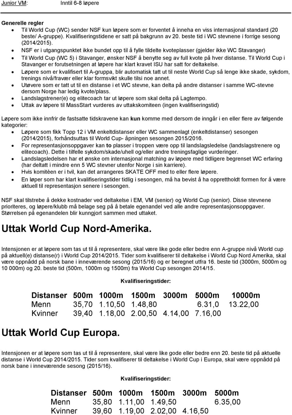 NSF er i utgangspunktet ikke bundet pp til å fylle tildelte kvteplasser (gjelder ikke WC Stavanger) Til Wrld Cup (WC 5) i Stavanger, ønsker NSF å benytte seg av full kvte på hver distanse.