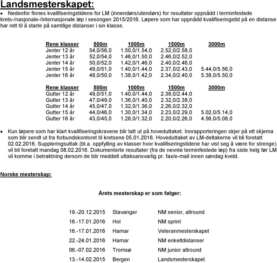 58,0 Jenter 13 år 52,0/54,0 1.46,0/1.50,0 2.46,0/2.52,0 Jenter 14 år 50,0/52,0 1.42,0/1.46,0 2.40,0/2.46,0 Jenter 15 år 49,0/51,0 1.40,0/1.44,0 2.37,0/2.43,0 5.44,0/5.56,0 Jenter 16 år 48,0/50,0 1.