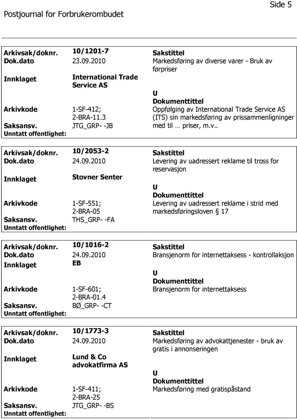 2010 Levering av uadressert reklame til tross for reservasjon nnklaget Stovner Senter 1-SF-551; 2-BRA-05 THS_GRP- -FA Levering av uadressert reklame i strid med markedsføringsloven 17 Arkivsak/doknr.