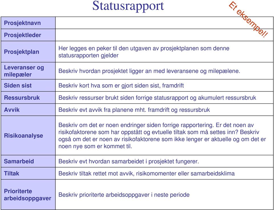 statusrapporten gjelder Beskriv hvordan prosjektet ligger an med leveransene og milepælene.