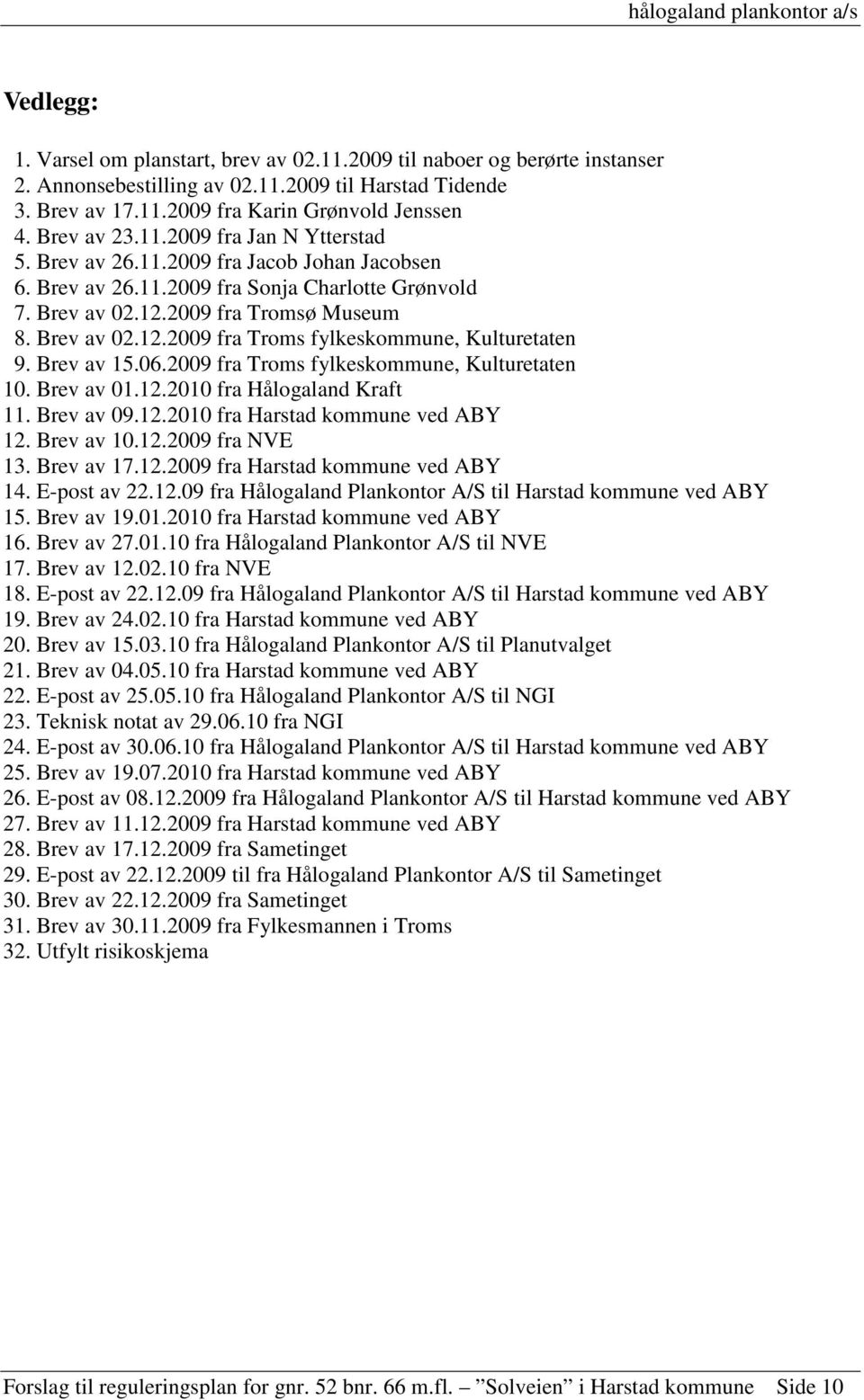 Brev av 15.06.2009 fra Troms fylkeskommune, Kulturetaten 10. Brev av 01.12.2010 fra Hålogaland Kraft 11. Brev av 09.12.2010 fra Harstad kommune ved ABY 12. Brev av 10.12.2009 fra NVE 13. Brev av 17.